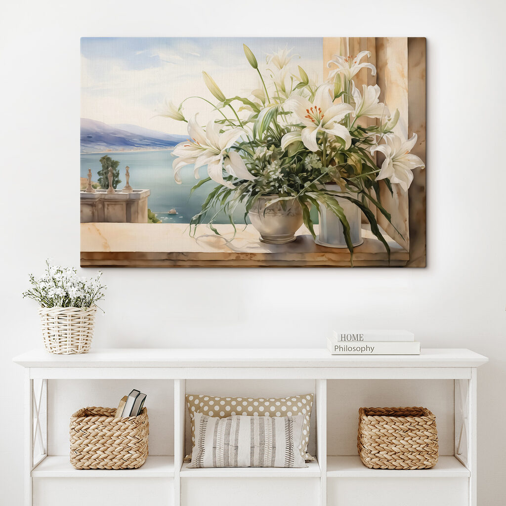 Painting of a white flower pot with white flowers Painting of a white flower pot with white flowers