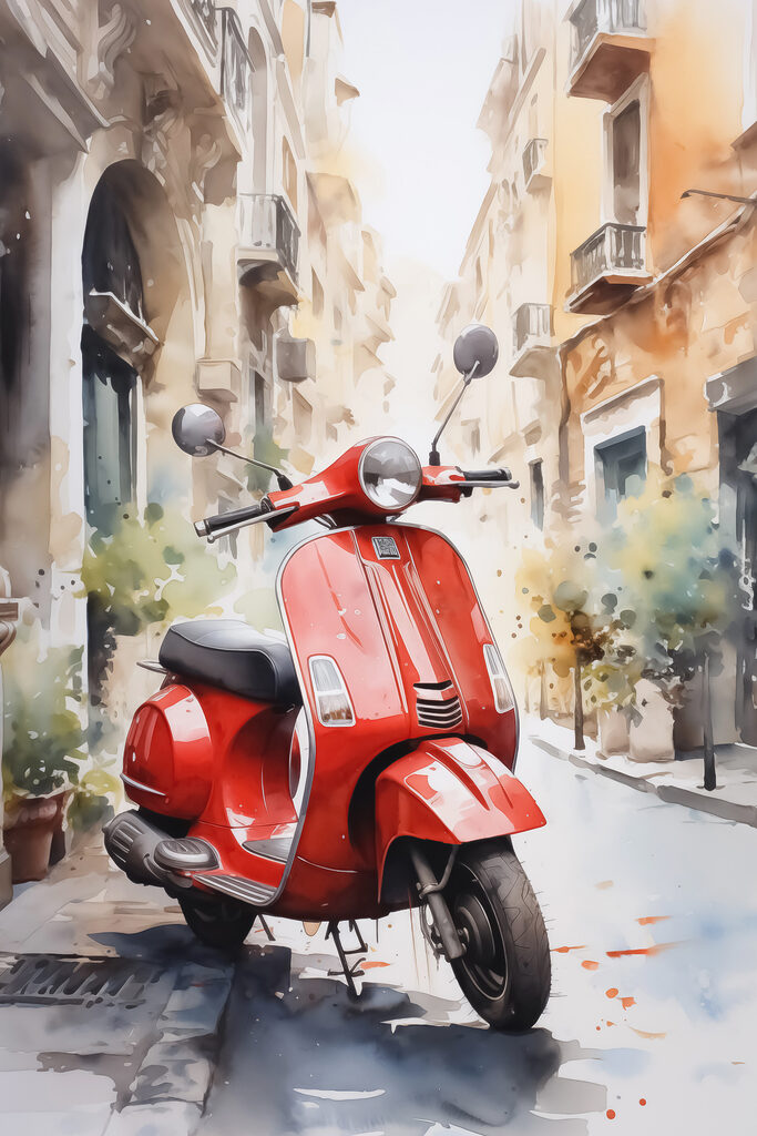 Red scooter on a street Red scooter on a street