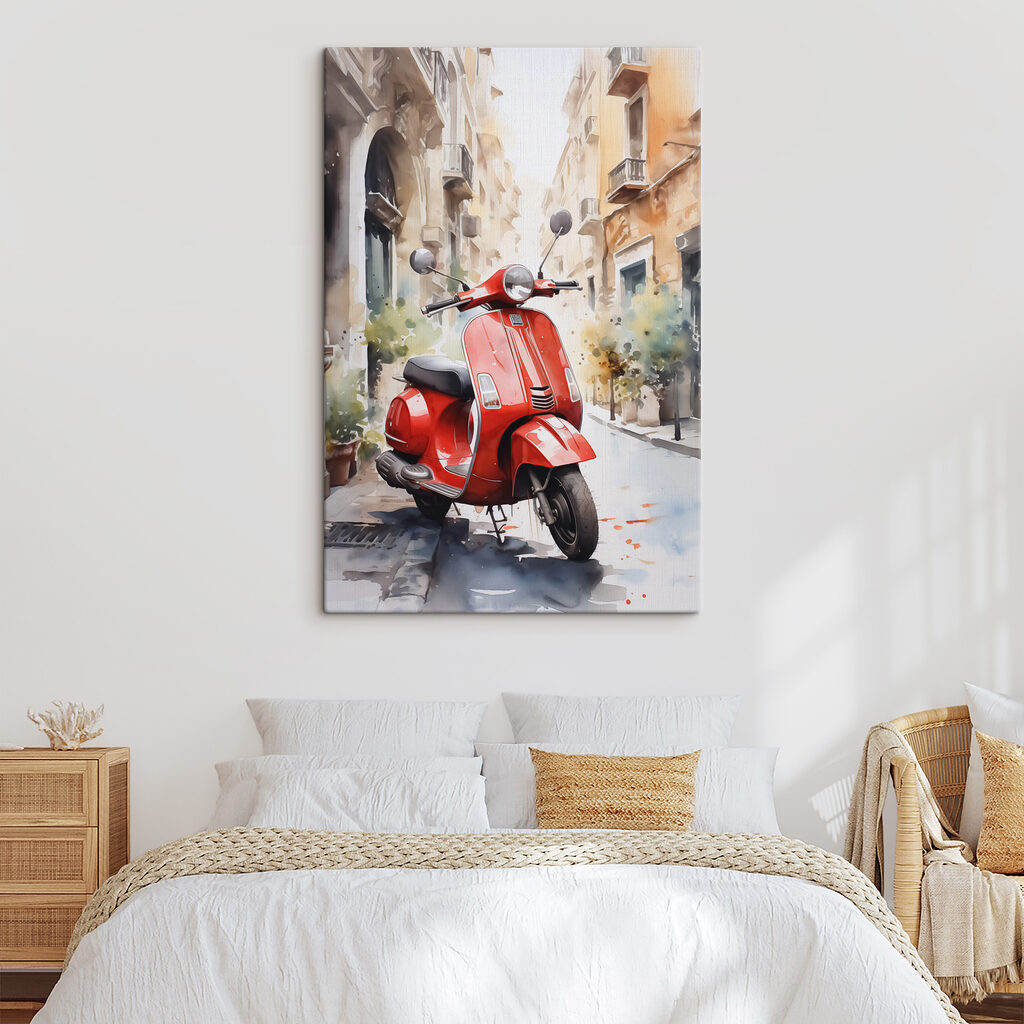 Red scooter on a street Red scooter on a street