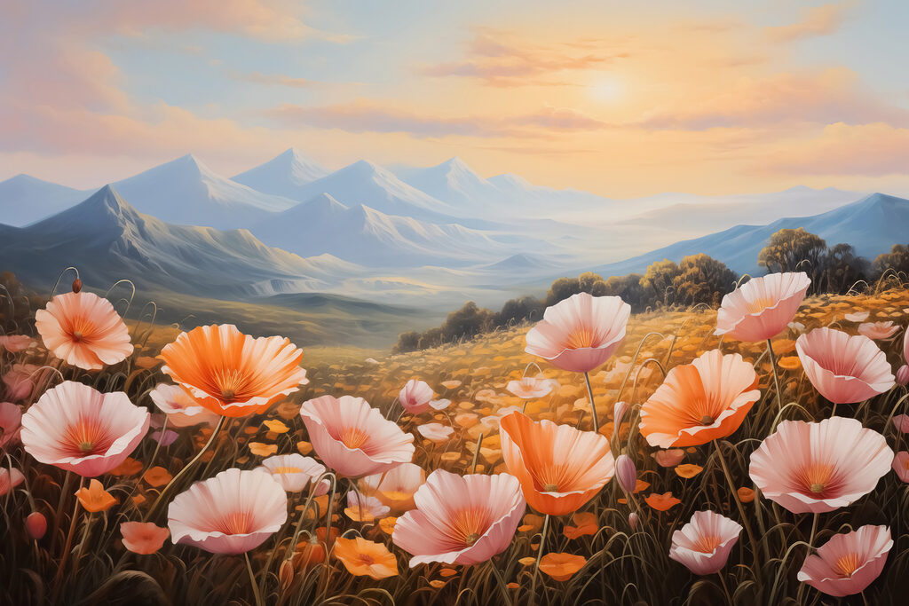 Field of flowers with mountains in the background