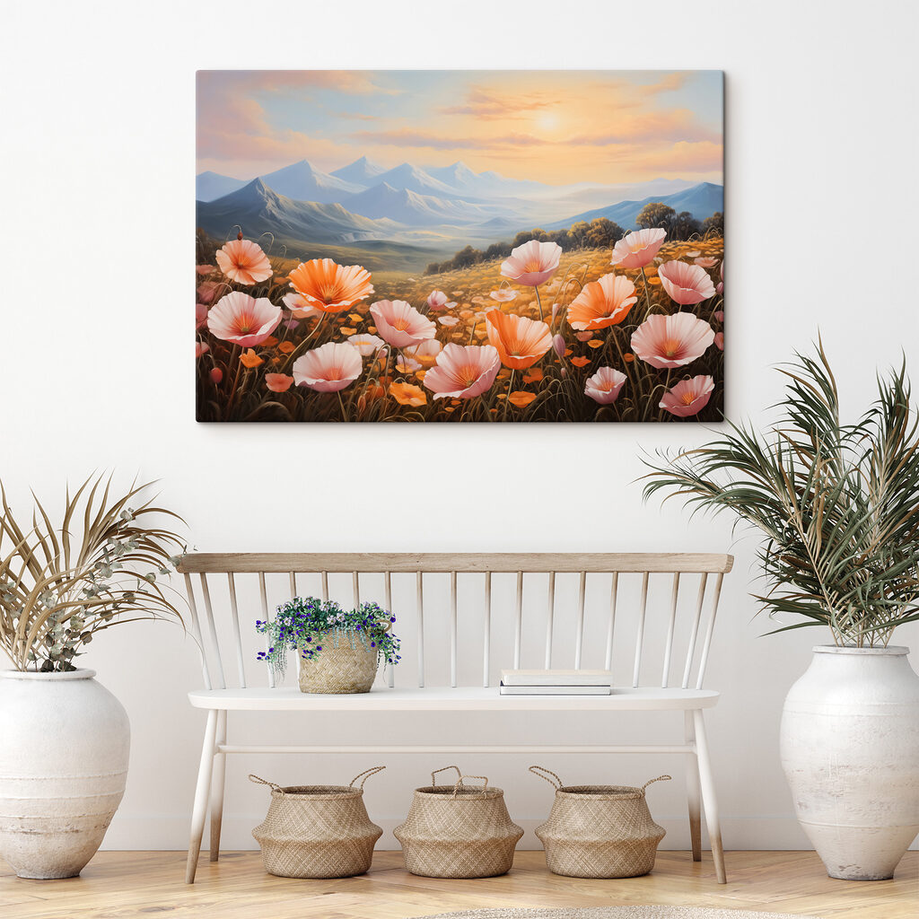 Field of flowers with mountains in the background