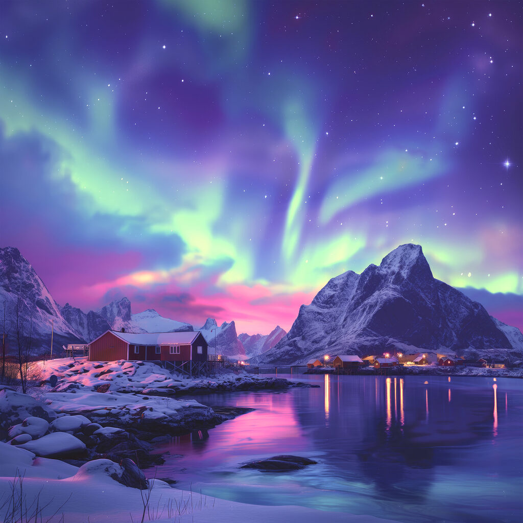 Snowy landscape with mountains and a lake