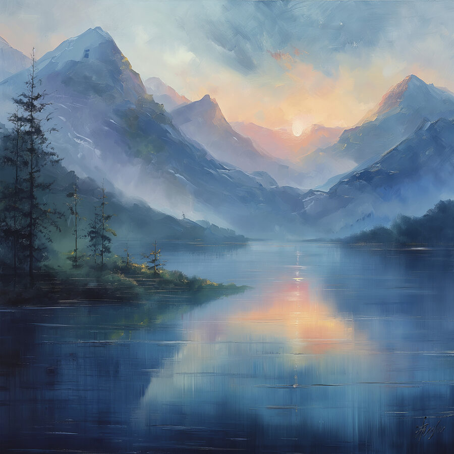 Pictura unui lac cu munți și copaci