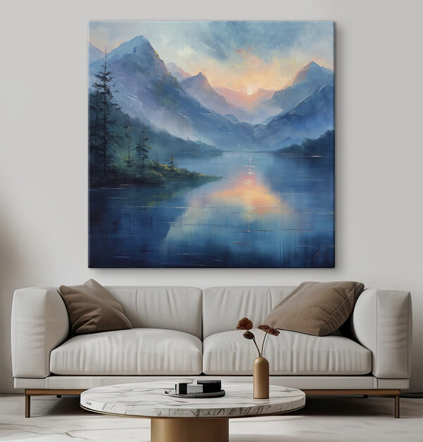 Pictura unui lac cu munți și copaci Pictura unui lac cu munți și copaci