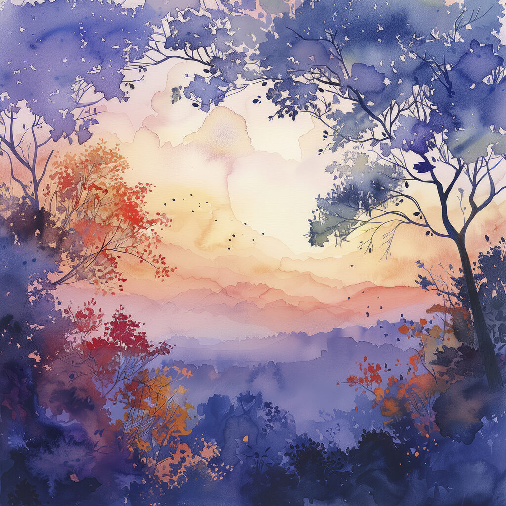 Watercolor painting of trees and a sunset