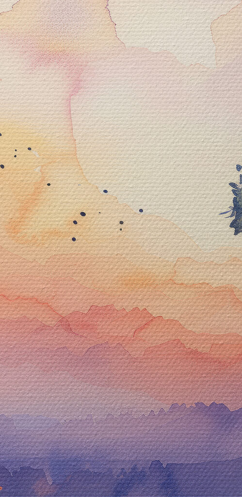 Watercolor painting of trees and a sunset