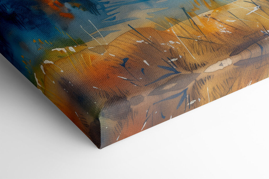 Watercolor painting of a lake surrounded by mountains and clouds