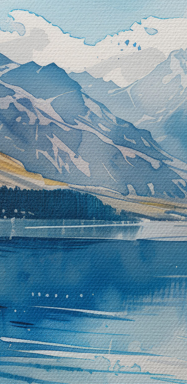 Pictura acuarelă a unui lac înconjurat de munți și nori Pictura acuarelă a unui lac înconjurat de munți și nori