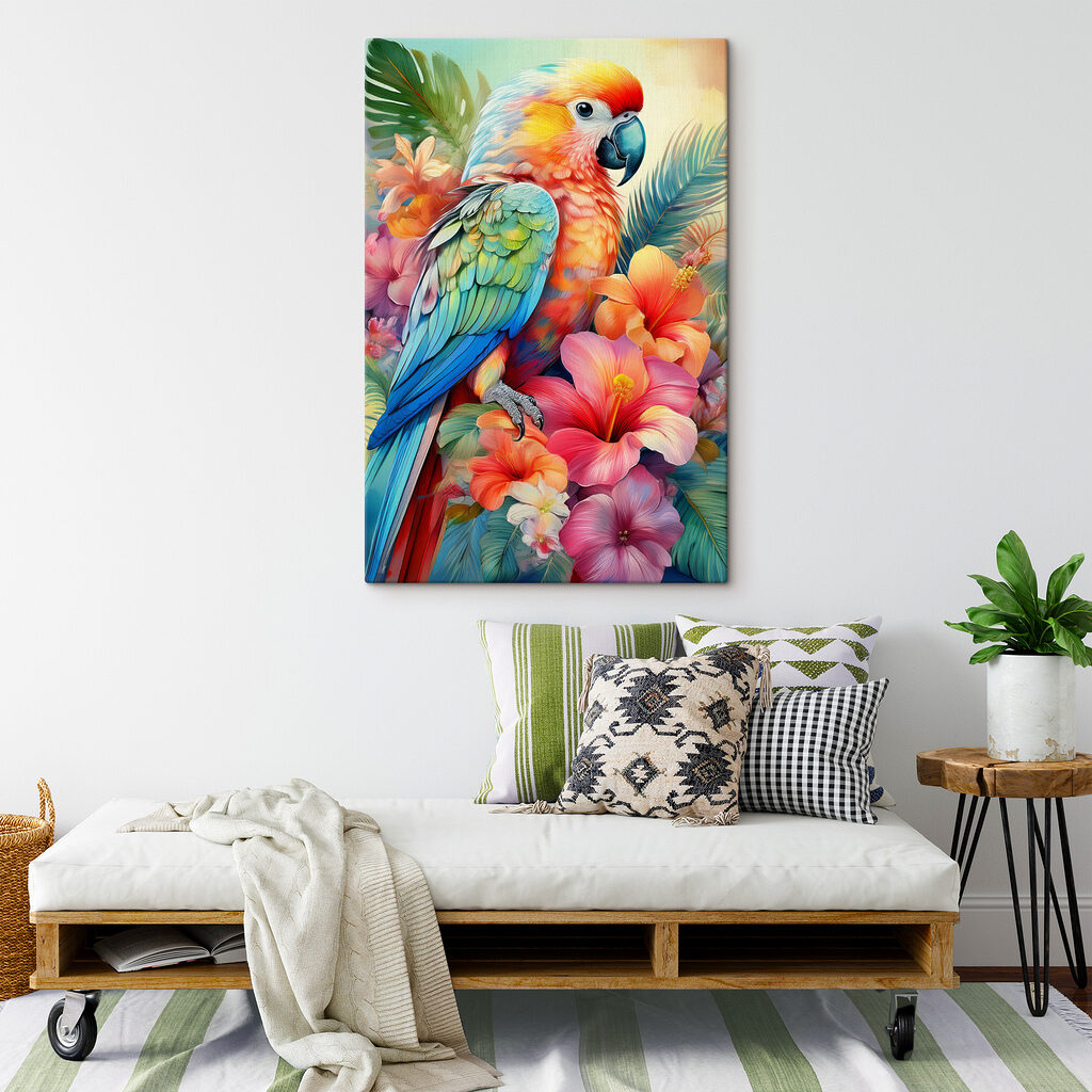 Colorful parrot on a floral background