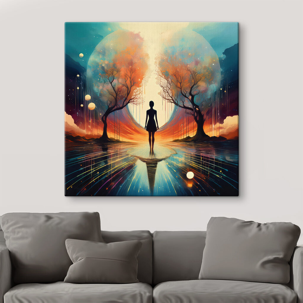 Woman standing on a reflective surface with trees and a large moon Woman standing on a reflective surface with trees and a large moon