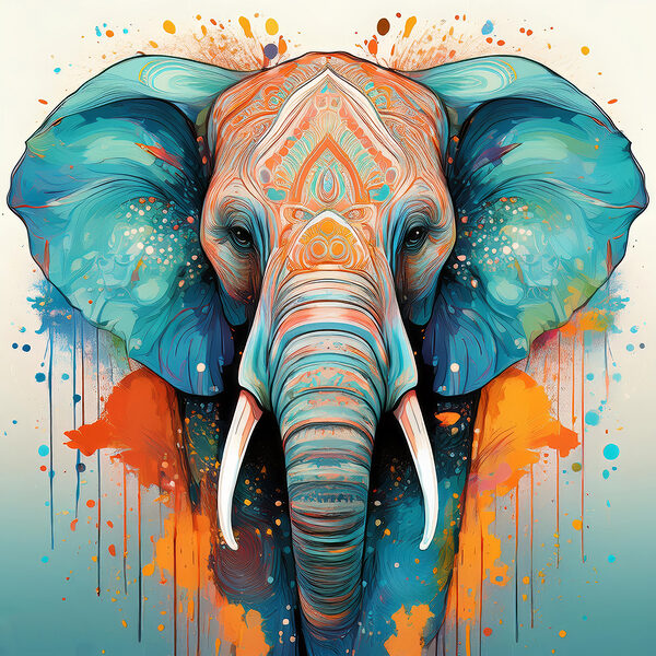 Un elefant cu stropi de vopsea colorată Un elefant cu stropi de vopsea colorată