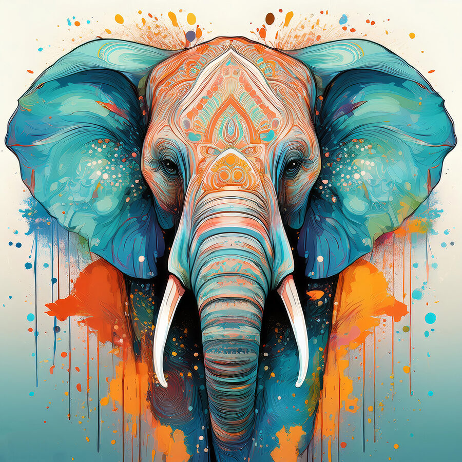 Un elefant cu stropi de vopsea colorată
