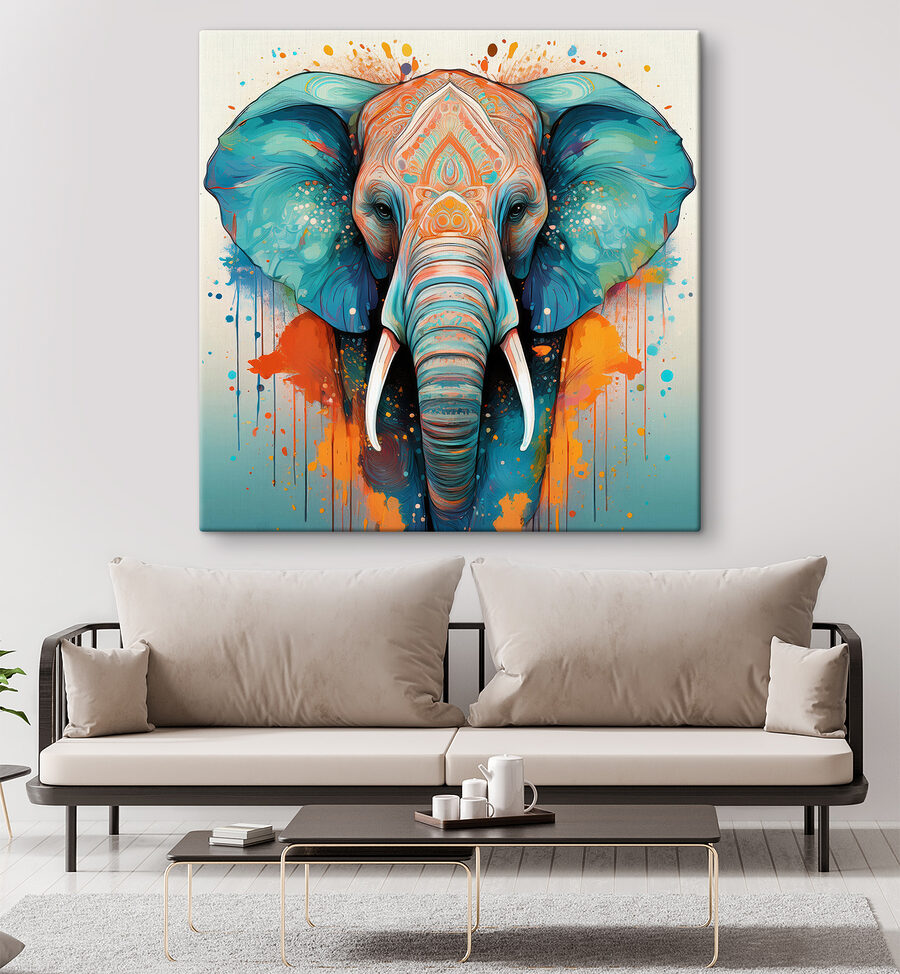 Un elefant cu stropi de vopsea colorată