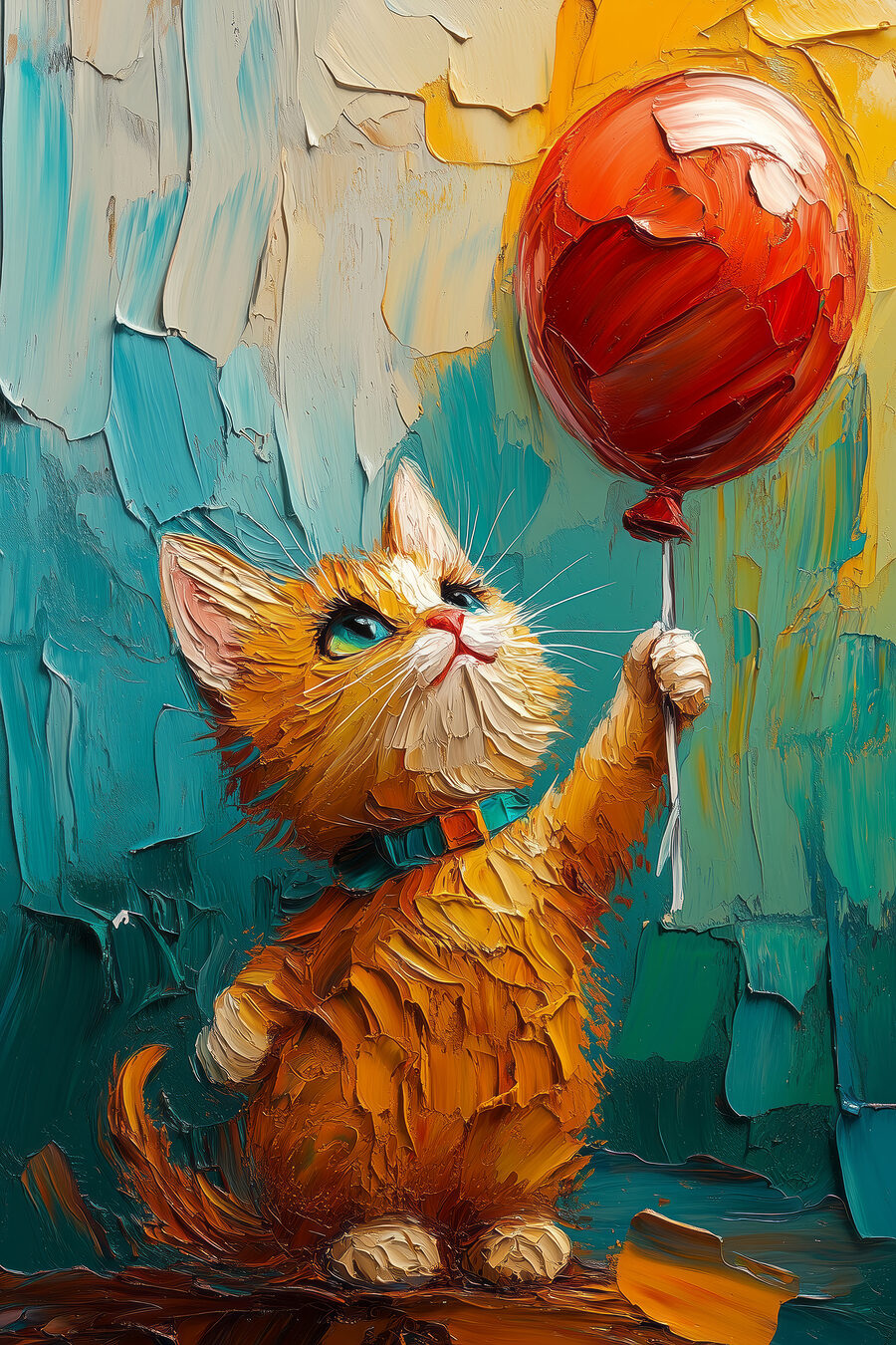 Pictura unei pisici care ține un balon