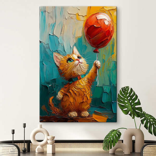 Pictura unei pisici care ține un balon Pictura unei pisici care ține un balon