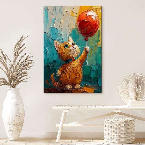 Pictura unei pisici care ține un balon Pictura unei pisici care ține un balon