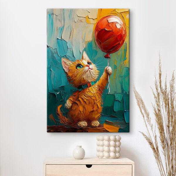 Pictura unei pisici care ține un balon Pictura unei pisici care ține un balon