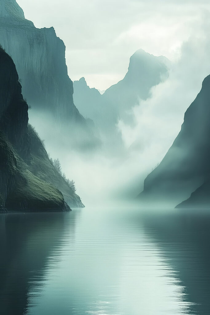 Body of water with mountains and fog