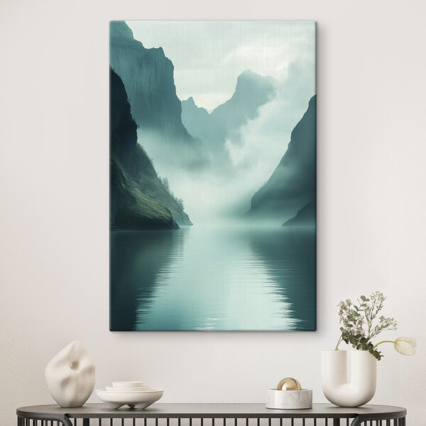 Body of water with mountains and fog Body of water with mountains and fog