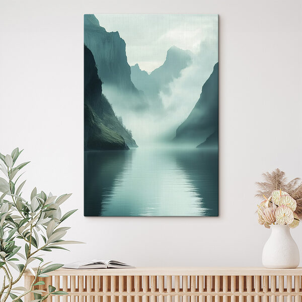 Body of water with mountains and fog Body of water with mountains and fog
