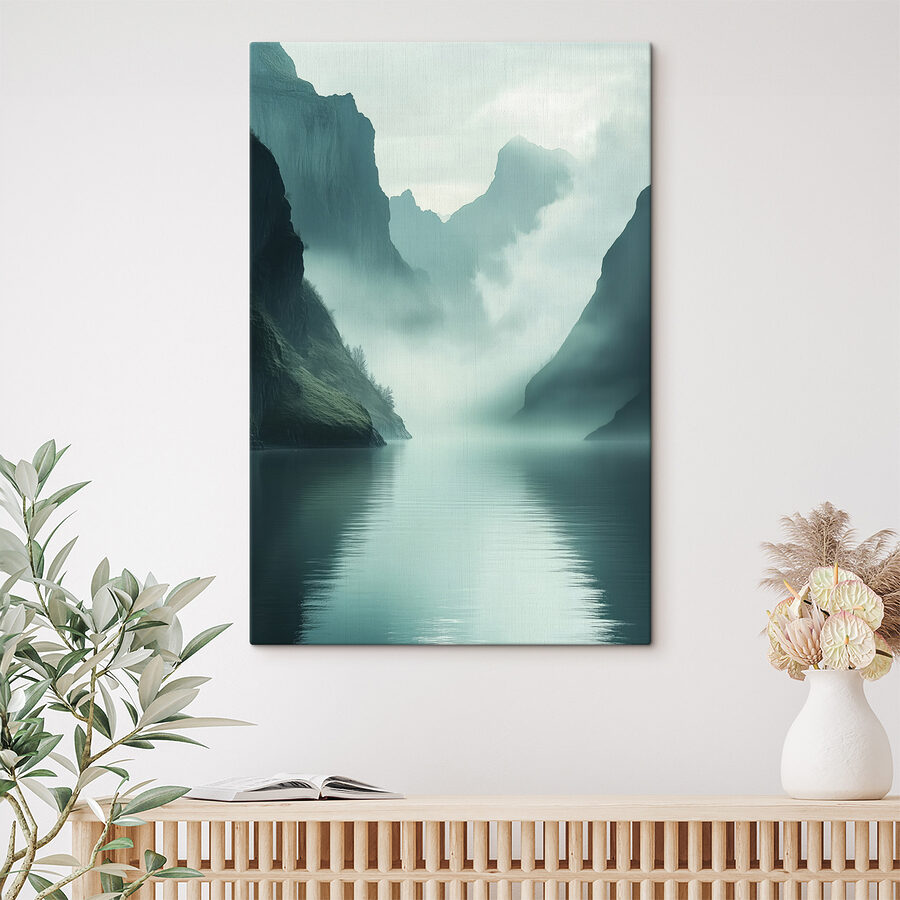 Body of water with mountains and fog Body of water with mountains and fog