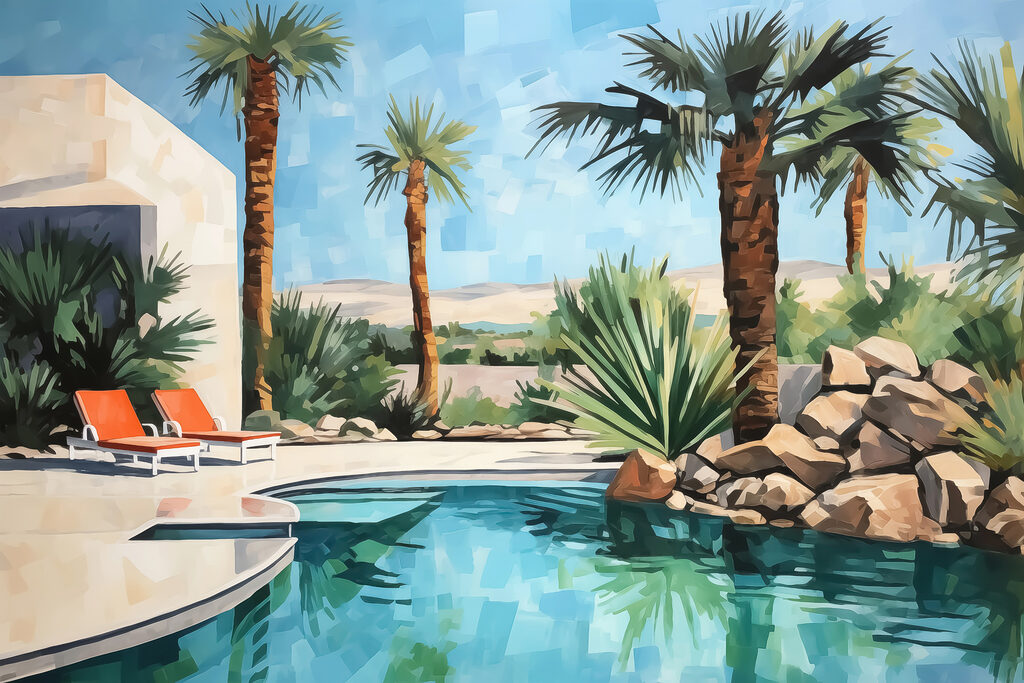 Pool with palm trees and chairs