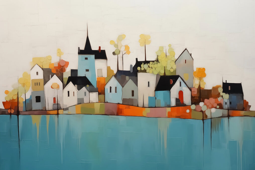 Painting of houses and trees