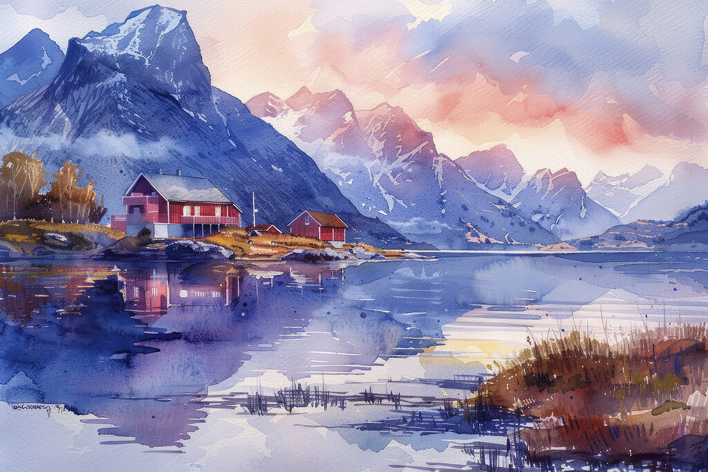 Watercolor painting of a house on a hill next to a lake Watercolor painting of a house on a hill next to a lake