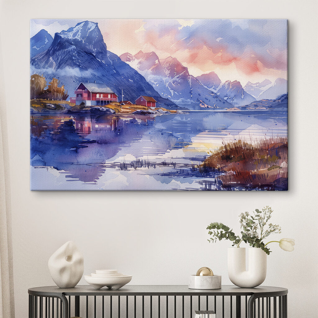 Watercolor painting of a house on a hill next to a lake Watercolor painting of a house on a hill next to a lake
