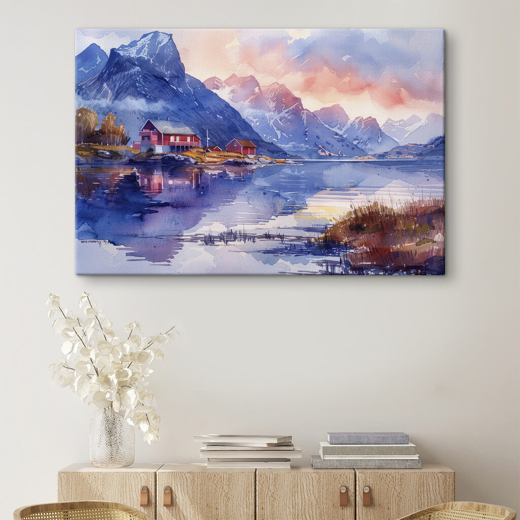 Watercolor painting of a house on a hill next to a lake Watercolor painting of a house on a hill next to a lake