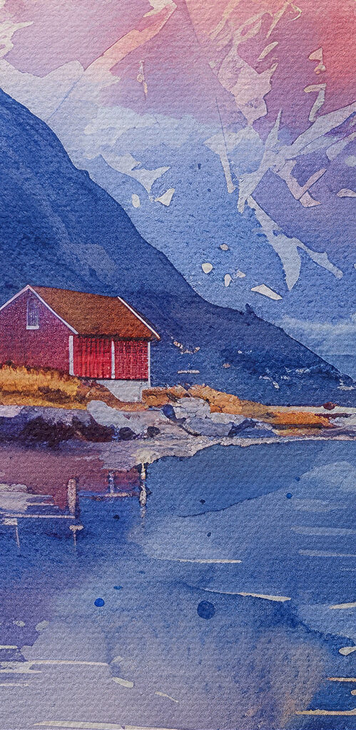 Watercolor painting of a house on a hill next to a lake Watercolor painting of a house on a hill next to a lake