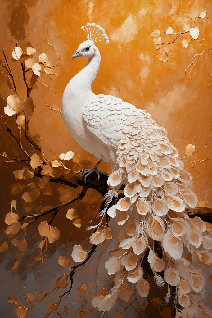 White peacock with feathers on a branch