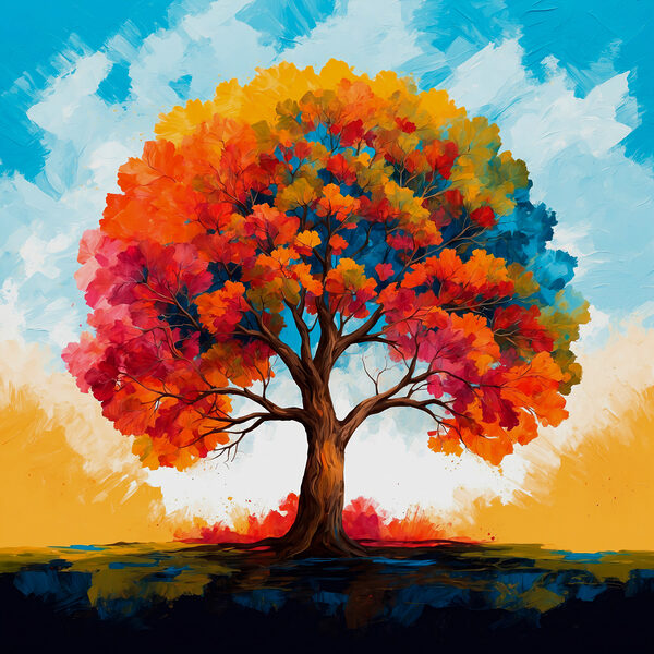 Pictura unui copac cu frunze colorate Pictura unui copac cu frunze colorate