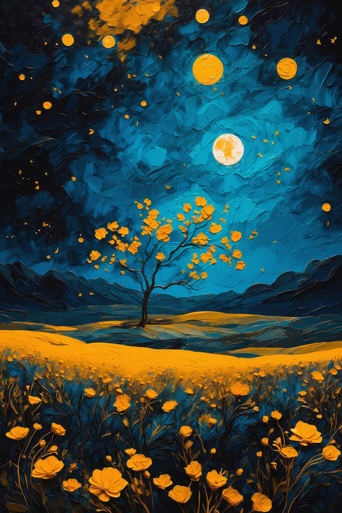 Painting of a tree in a field of flowers
