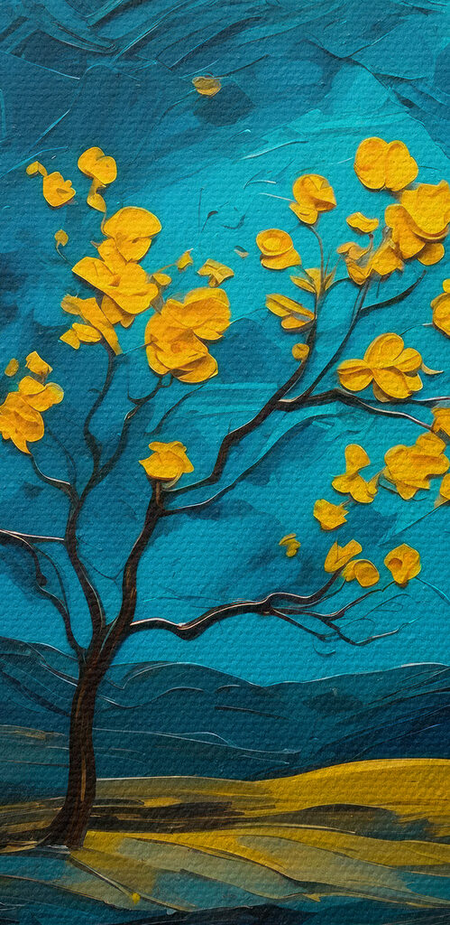 Painting of a tree in a field of flowers