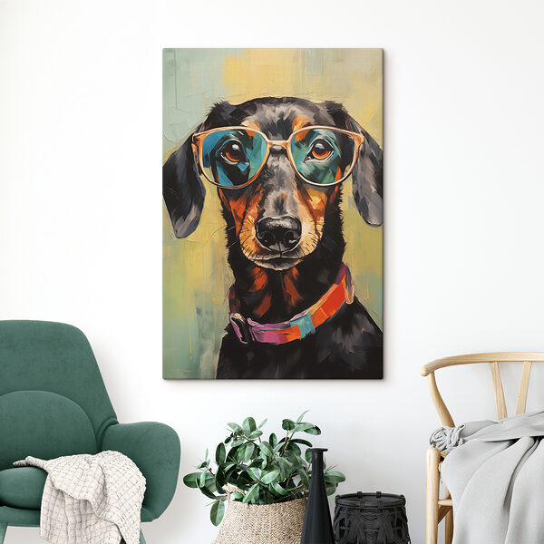 Pictura unui câine care poartă ochelari Pictura unui câine care poartă ochelari