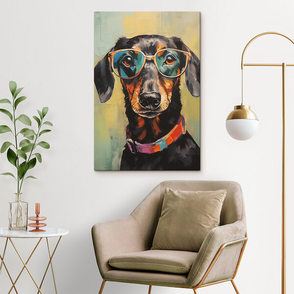 Pictura unui câine care poartă ochelari Pictura unui câine care poartă ochelari