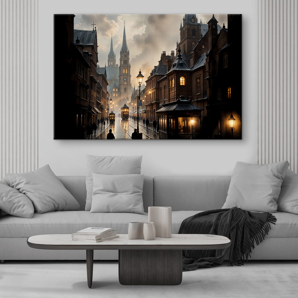 Street with buildings and a train on it