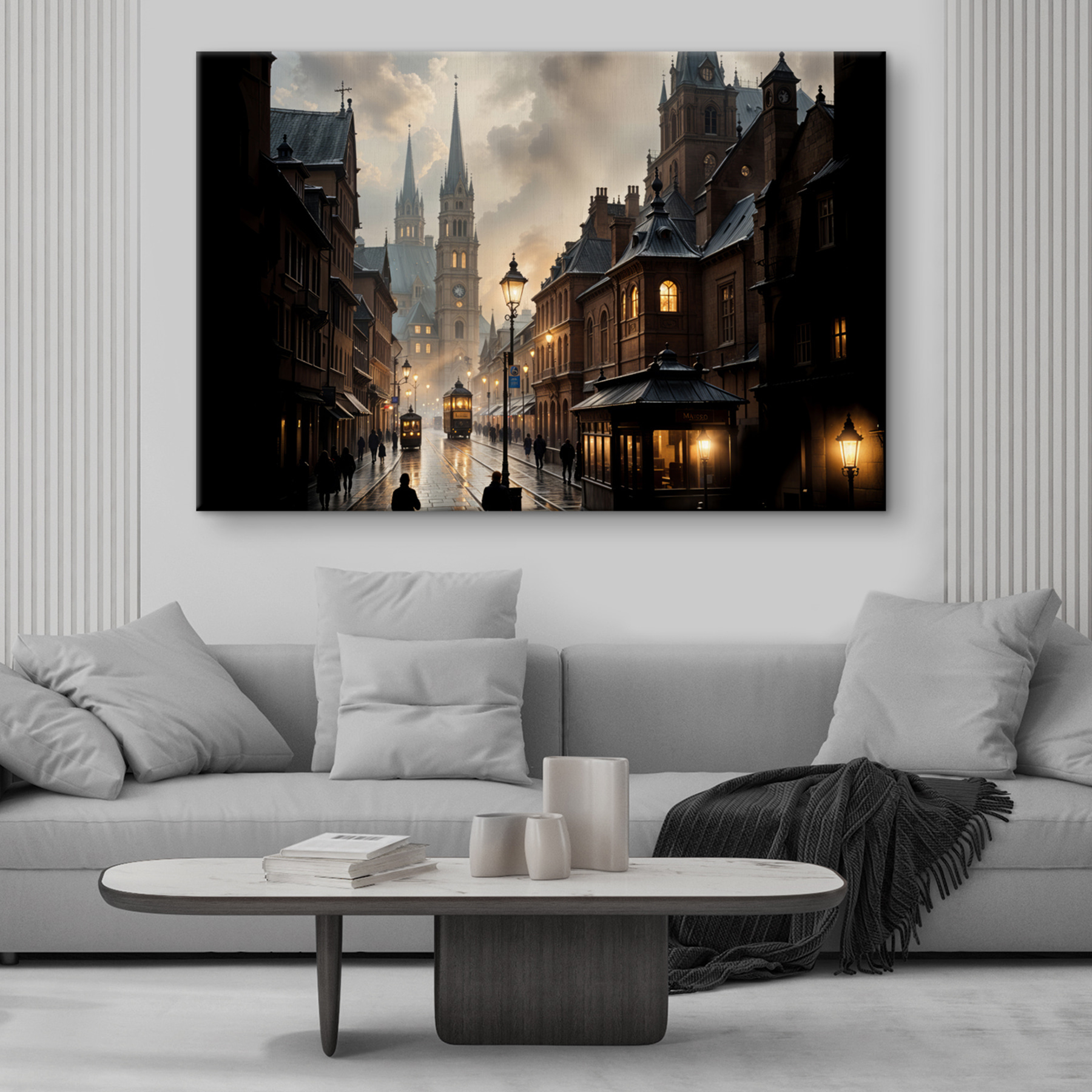 Street with buildings and a train on it