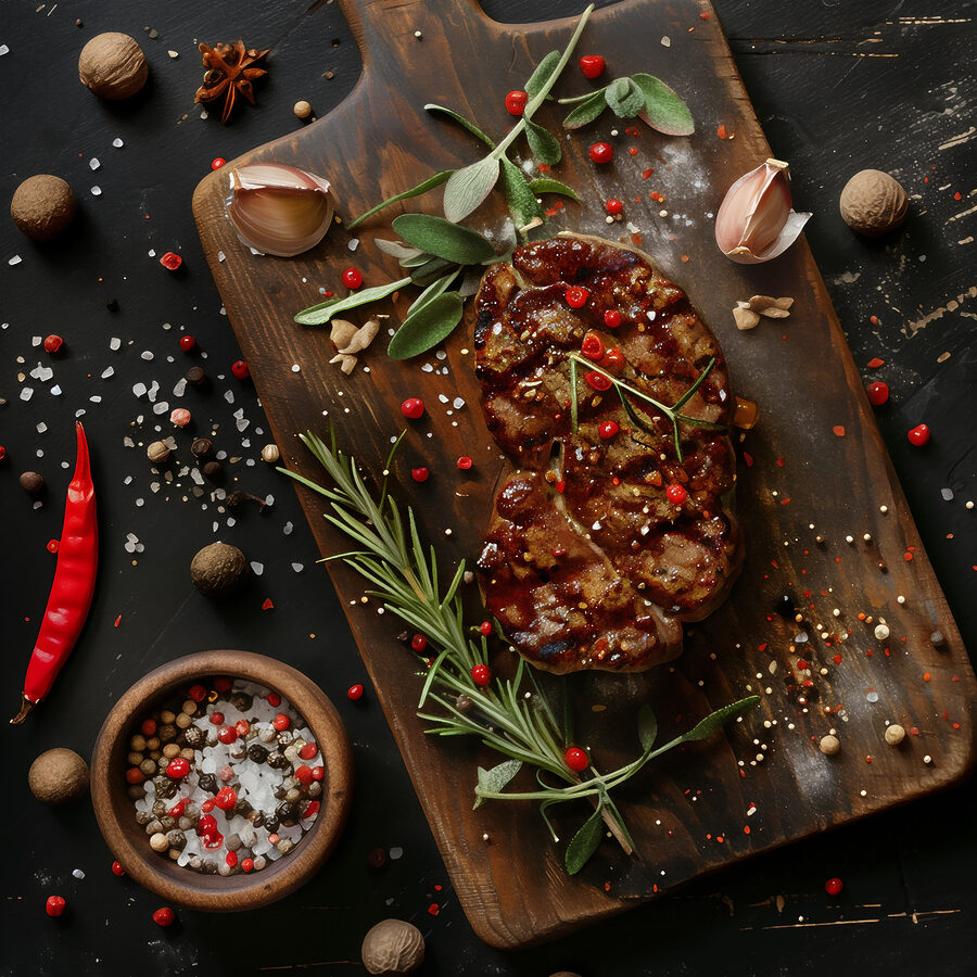 Bucată de carne cu mirodenii și ierburi pe o placă de tăiere Bucată de carne cu mirodenii și ierburi pe o placă de tăiere