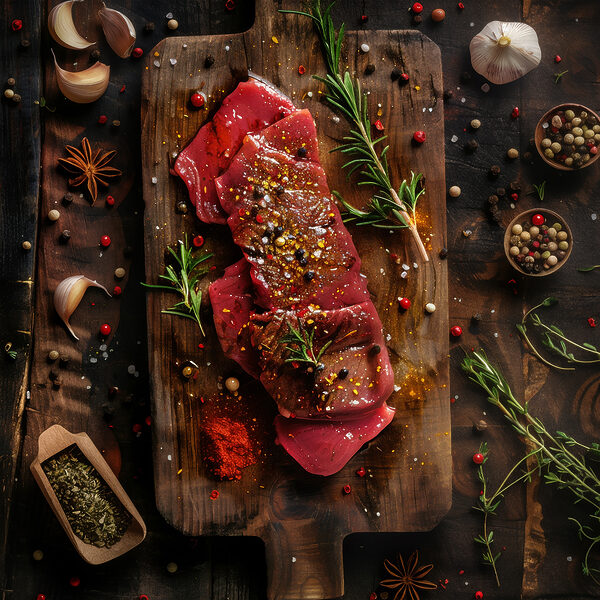 Carne pe o placă de tăiere cu mirodenii și ierburi Carne pe o placă de tăiere cu mirodenii și ierburi