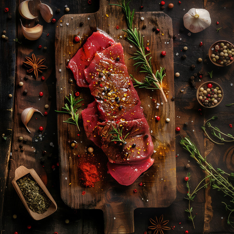 Carne pe o placă de tăiere cu mirodenii și ierburi