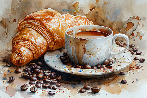 Acuarelă de o ceașcă de cafea și un croissant Acuarelă de o ceașcă de cafea și un croissant