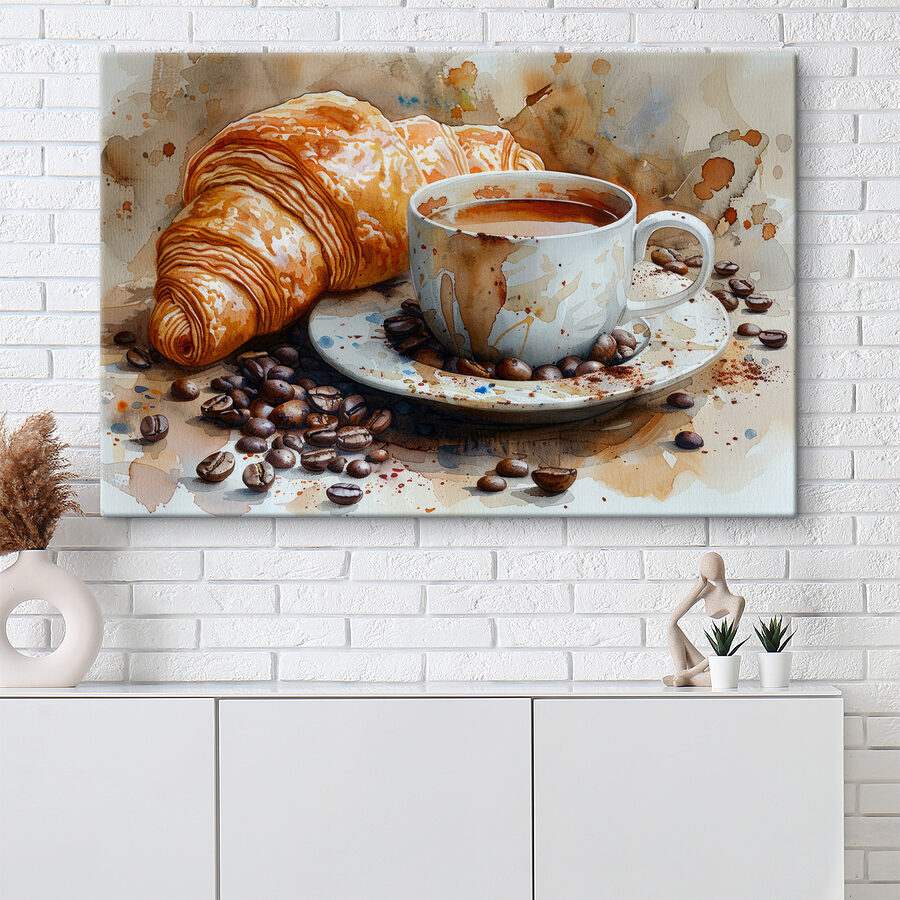 Acuarelă de o ceașcă de cafea și un croissant Acuarelă de o ceașcă de cafea și un croissant