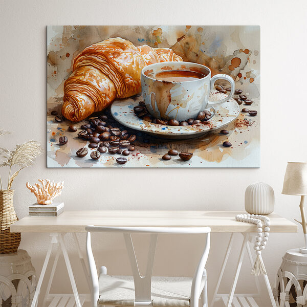 Acuarelă de o ceașcă de cafea și un croissant Acuarelă de o ceașcă de cafea și un croissant