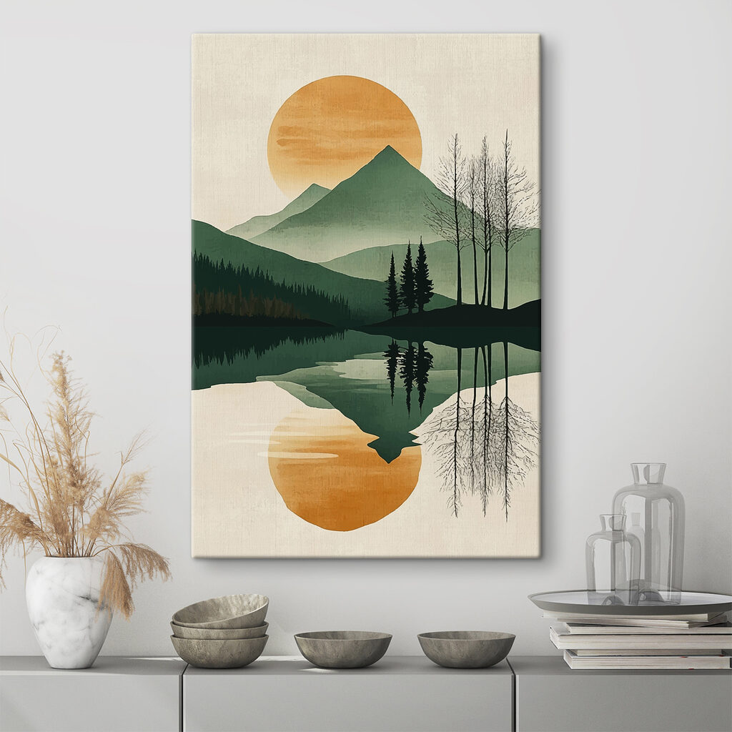 Landscape of mountains and trees and a lake