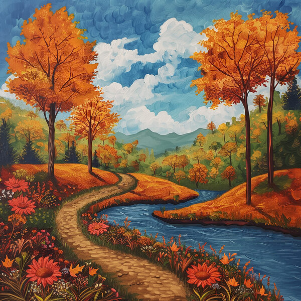 Pictura unui râu care curge printr-o pădure Pictura unui râu care curge printr-o pădure