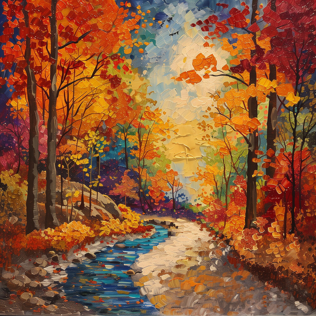 Painting of a river running through a forest