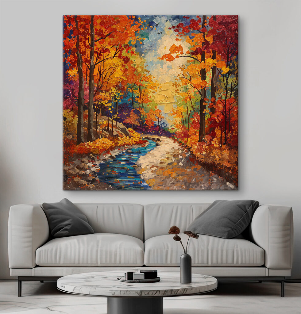 Painting of a river running through a forest