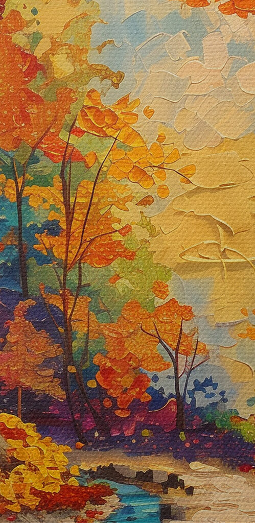 Painting of a river running through a forest